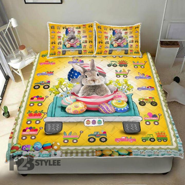 Cute Easter Bunny In The Truck Quilt Bedding Set