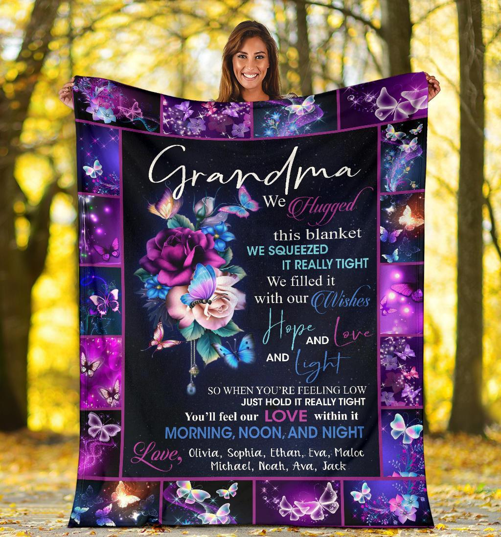 Personalized Grandma Purple Butterfly Blanket From Grandkids Grandma We Hugged This Blanket Gifts For Grandma Custom Nana With Grandkids Name Blanket