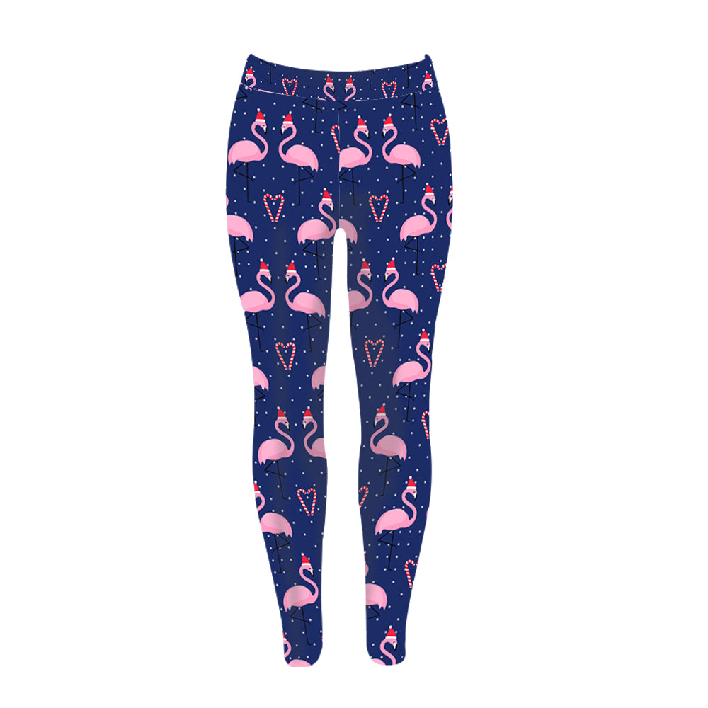 Christmas Flamingo With Candy Canes All Over Print Leggings, Running Leggings For Women