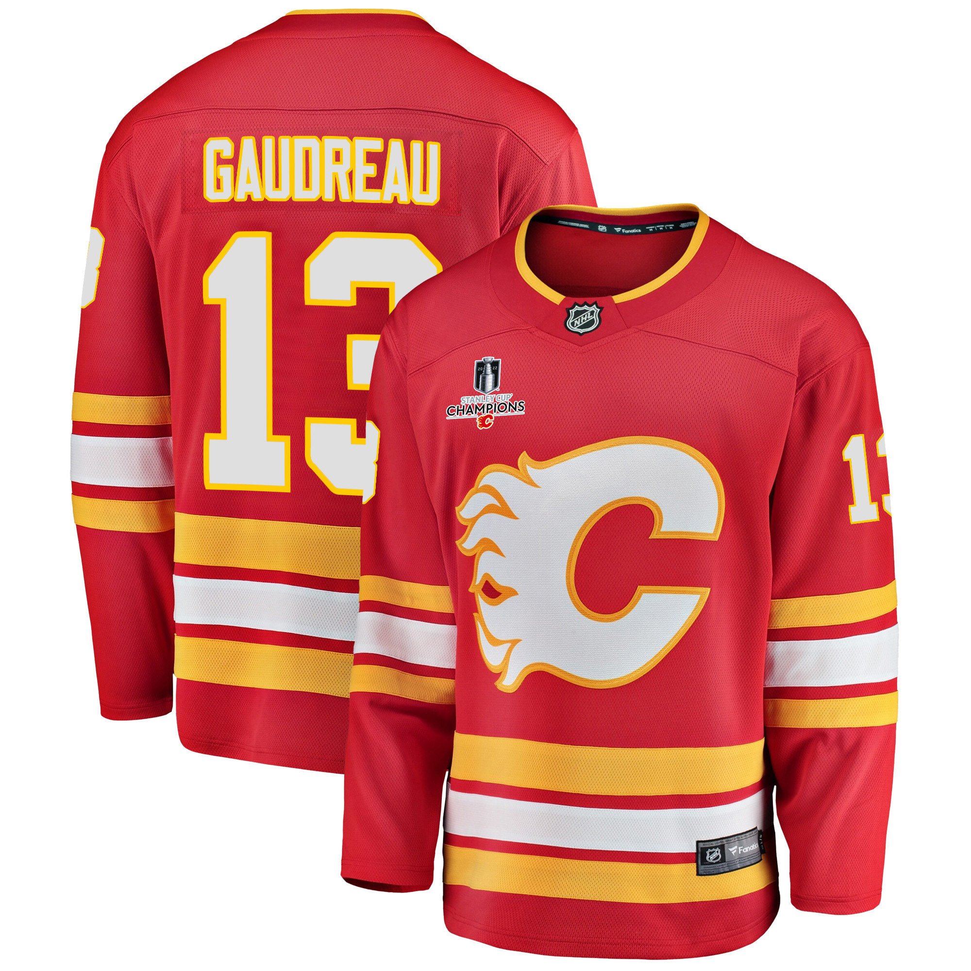 Calgary Flames Johnny Gaudreau 13 Home 2022 Stanley Cup Champions Breakaway Men Jersey – Red