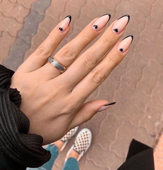 Black French Tip Nails | Heart Design | Press On Nails | Fake Nails | Glue On Nails