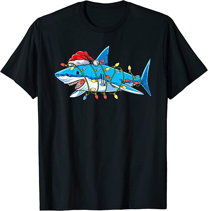 Shark Santa Hat Christmas With Lights Ornament Pajamas Boys T-Shirt