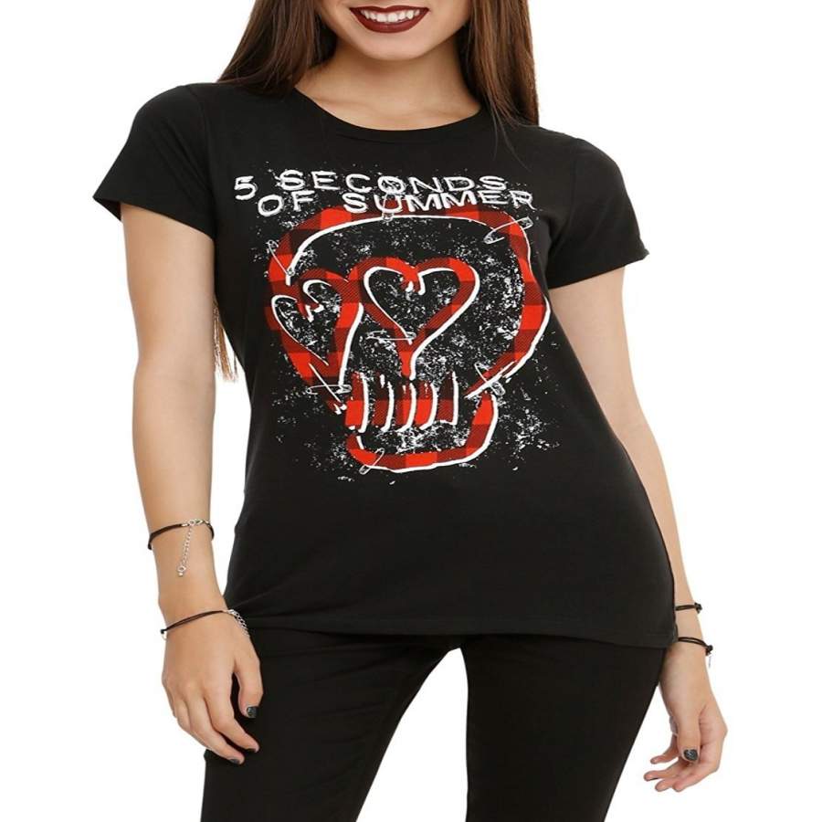 Personalized T-shirt 5 Seconds of Summer Plaid Skull Girls Short Sleeve T-Shirt