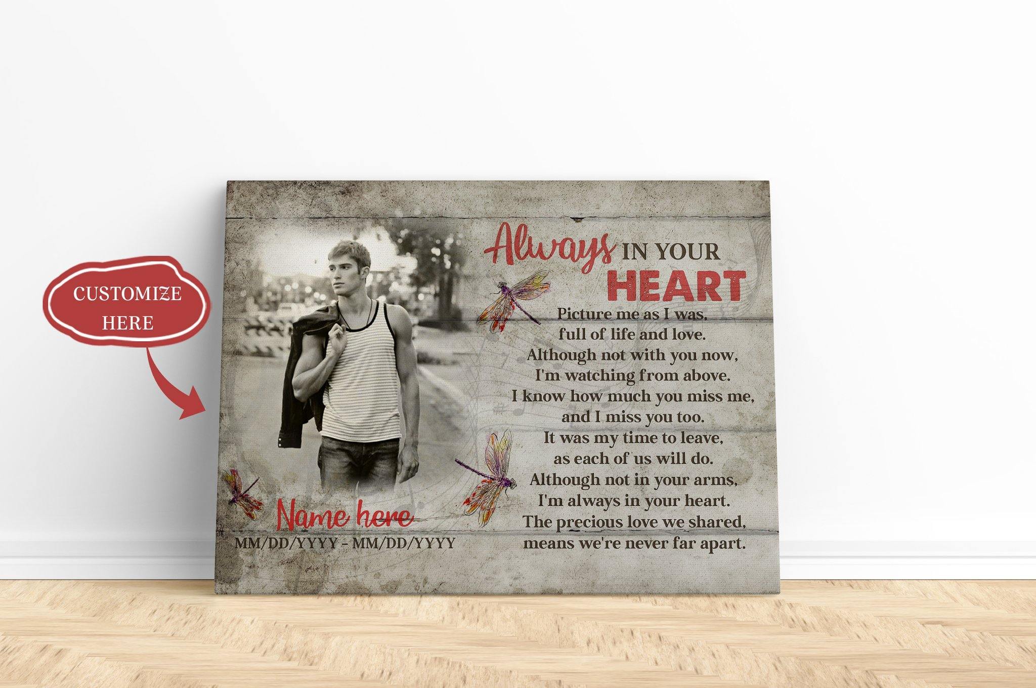 [Personalized Name, Date & Photo] Always In Your Heart Gift For Family Home Decor Wall Art Canvas Memorial Home Decor