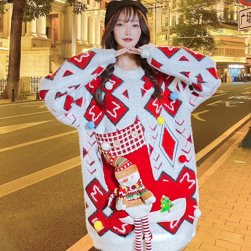 Christmas Sweater Snowman Elk Long Sweater Knit Sweater Women’s Autumn and Winter Fashion Round Neck Long Sleeve Sweater Dress alx