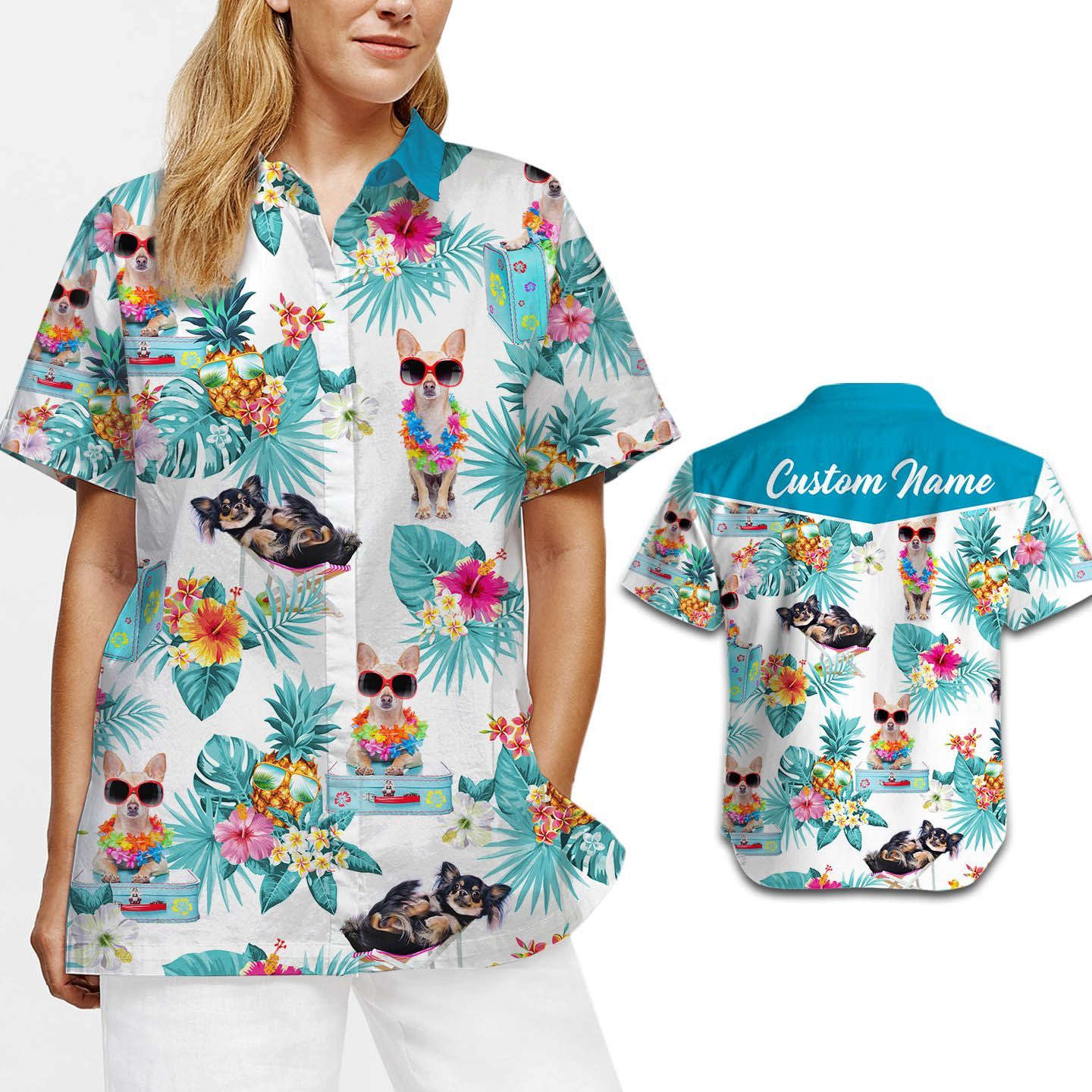 Beach Shirt Custom Name Chihuahua Tropical Hawaiian Shirt For Women For Dog Lovers