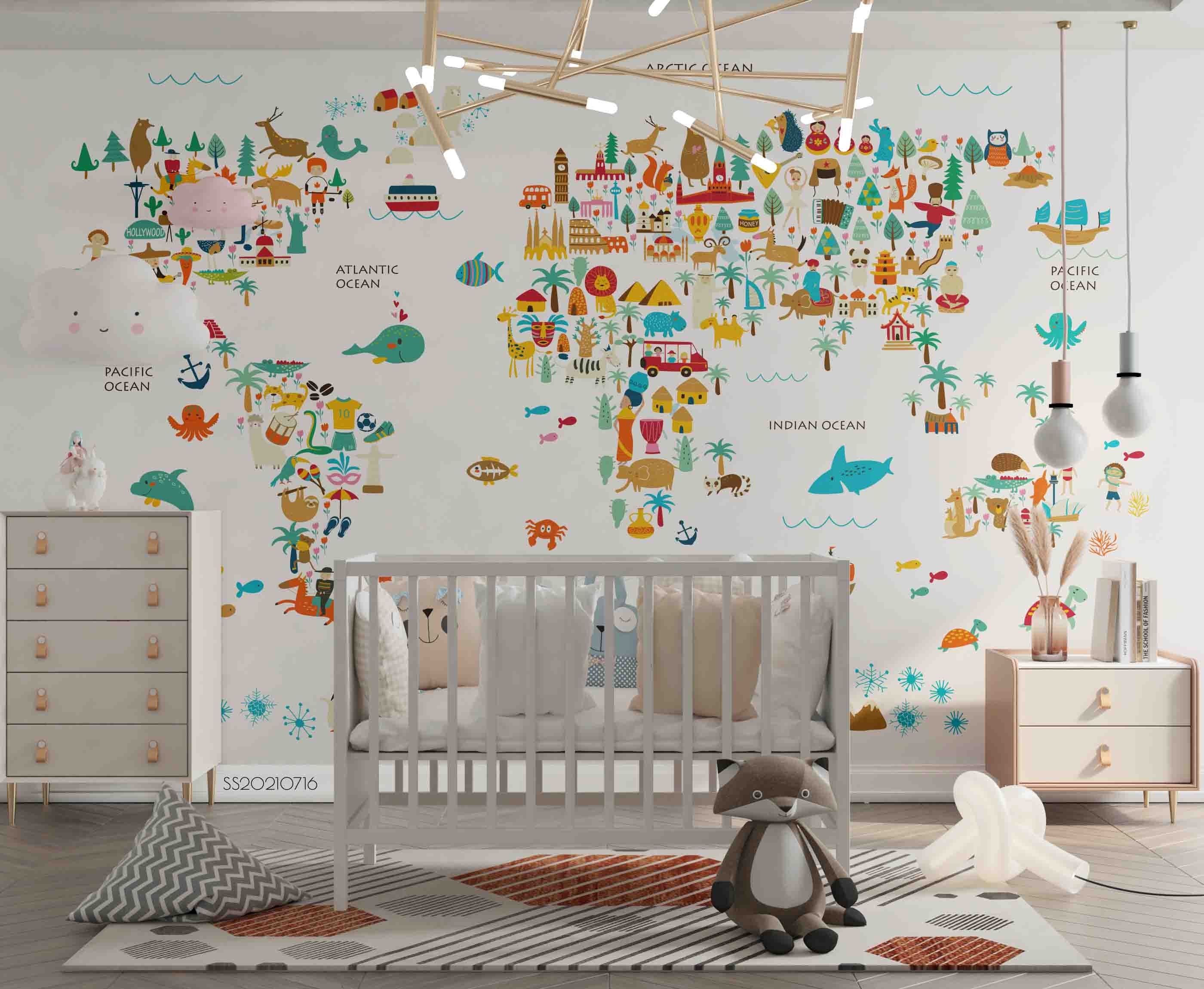 3D Cartoon World Map Animals Wall Mural Wallpaper Lqh 19