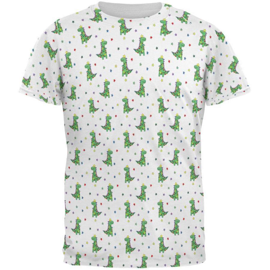 Christmas Tree Rex T-Rex Dinosaur Pattern All Over Mens T Shirt