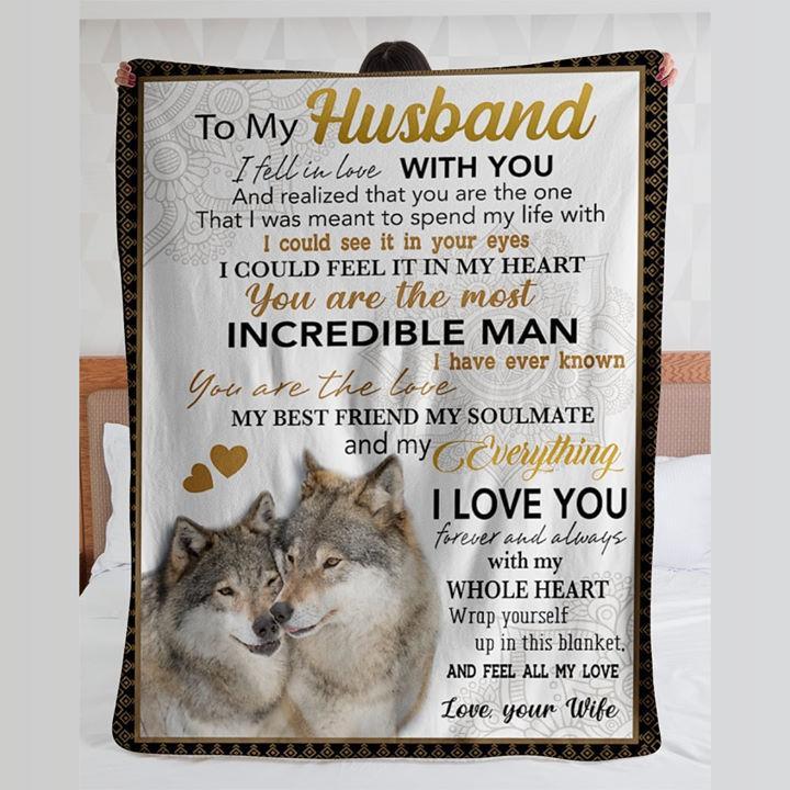 To My Husband I Fell In Love With You Wolf,Fleece Blanket,Gift For Husband Home Decor Bedding Couch Sofa Soft And Comfy Cozy