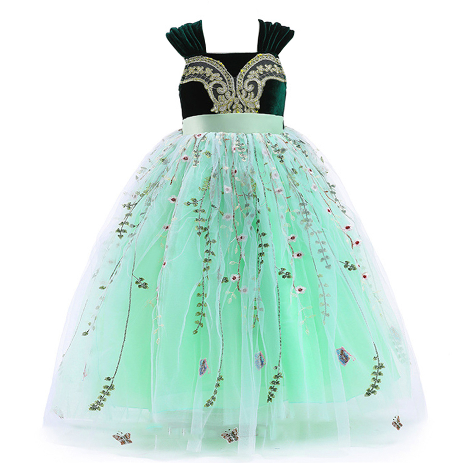 Snow Queen Children Carnival Princess Anna Elsa Ball Gown Dress Party Birthday Green Mesh Clothing for Kids Girl Cosplay alx