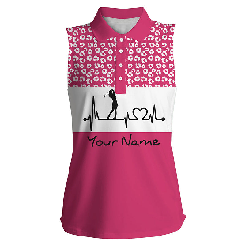 Women’S Sleeveless Golf Polo Shirt Golf Heartbeat Custom Name Leopard Pattern Golf Shirt