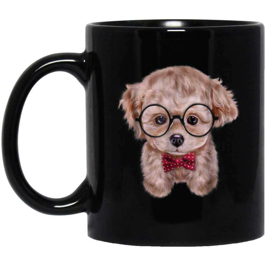 Cream Poodle Puppy in Round Glass Bow Tie Dog Mug