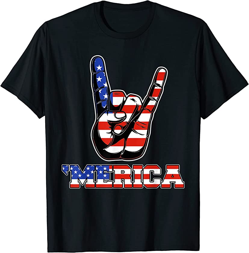 American USA Flag Merica Rock Sign 4th Of July Vintage T-Shirt