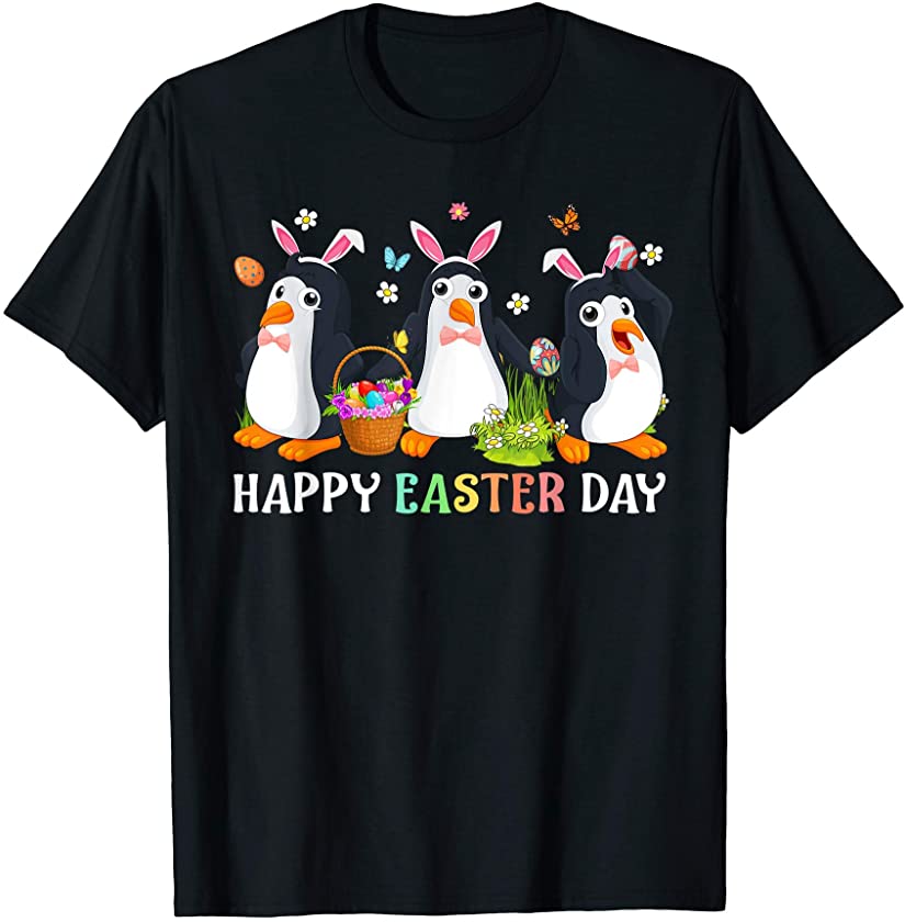 Three Penguin Easter Day Bunny Ear Costume With Basket Eggs T-Shirt