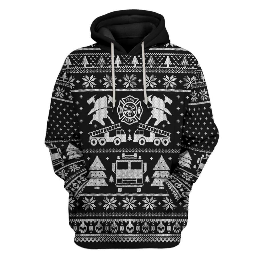 3D FIRE DEPT Firefighter Ugly Christmas Sweater Black Custom Hoodie Apparel