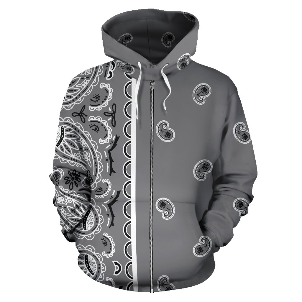 Asymmetrical Gray Bandana Zip Hoodie T-Shirt