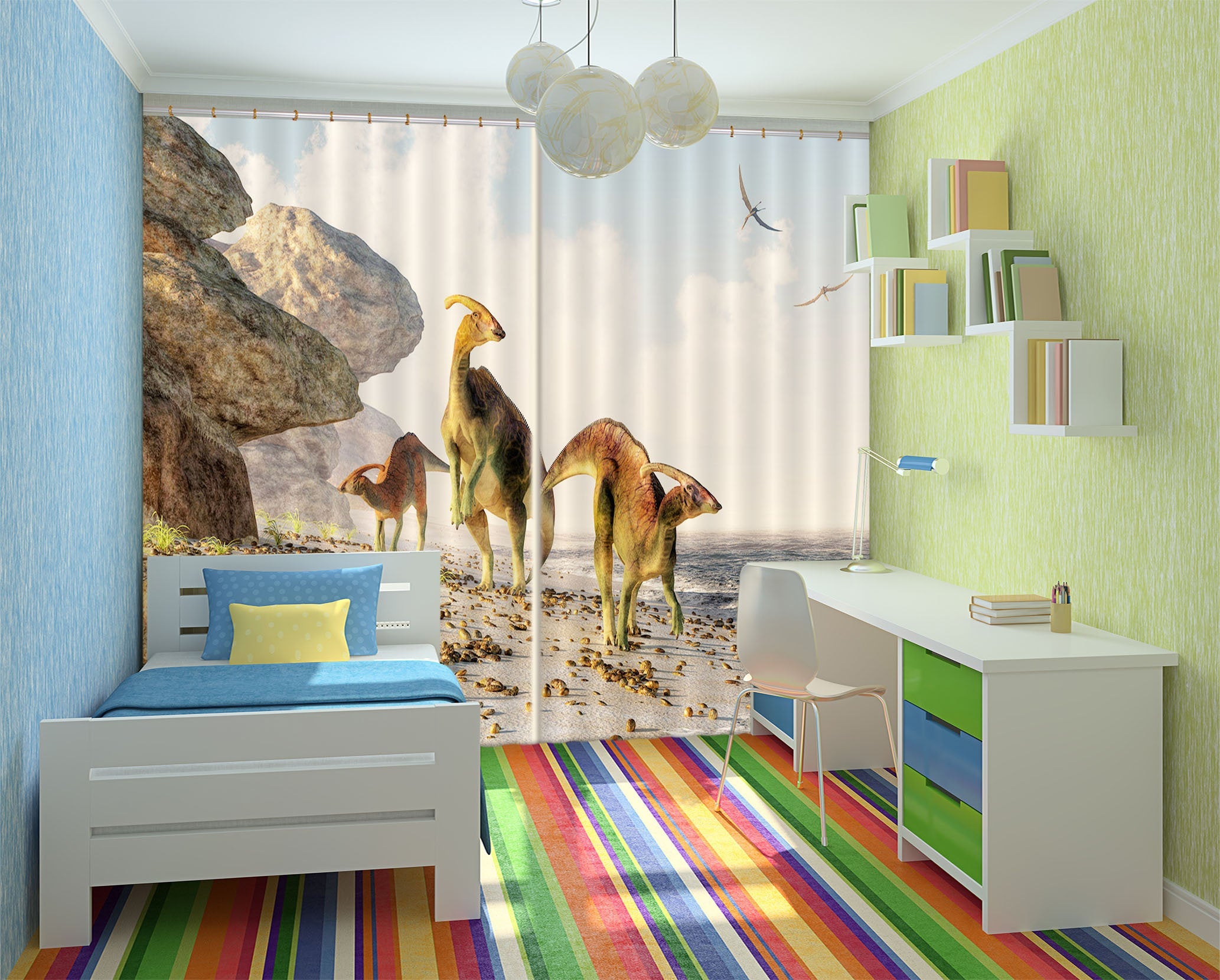 3D Dinosaur On The Beach C043 Blockout Photo Curtain Print Curtains Drapes Fabric Window | 3D Large Photo Curtain, Jess Art Decoration Wallpaper