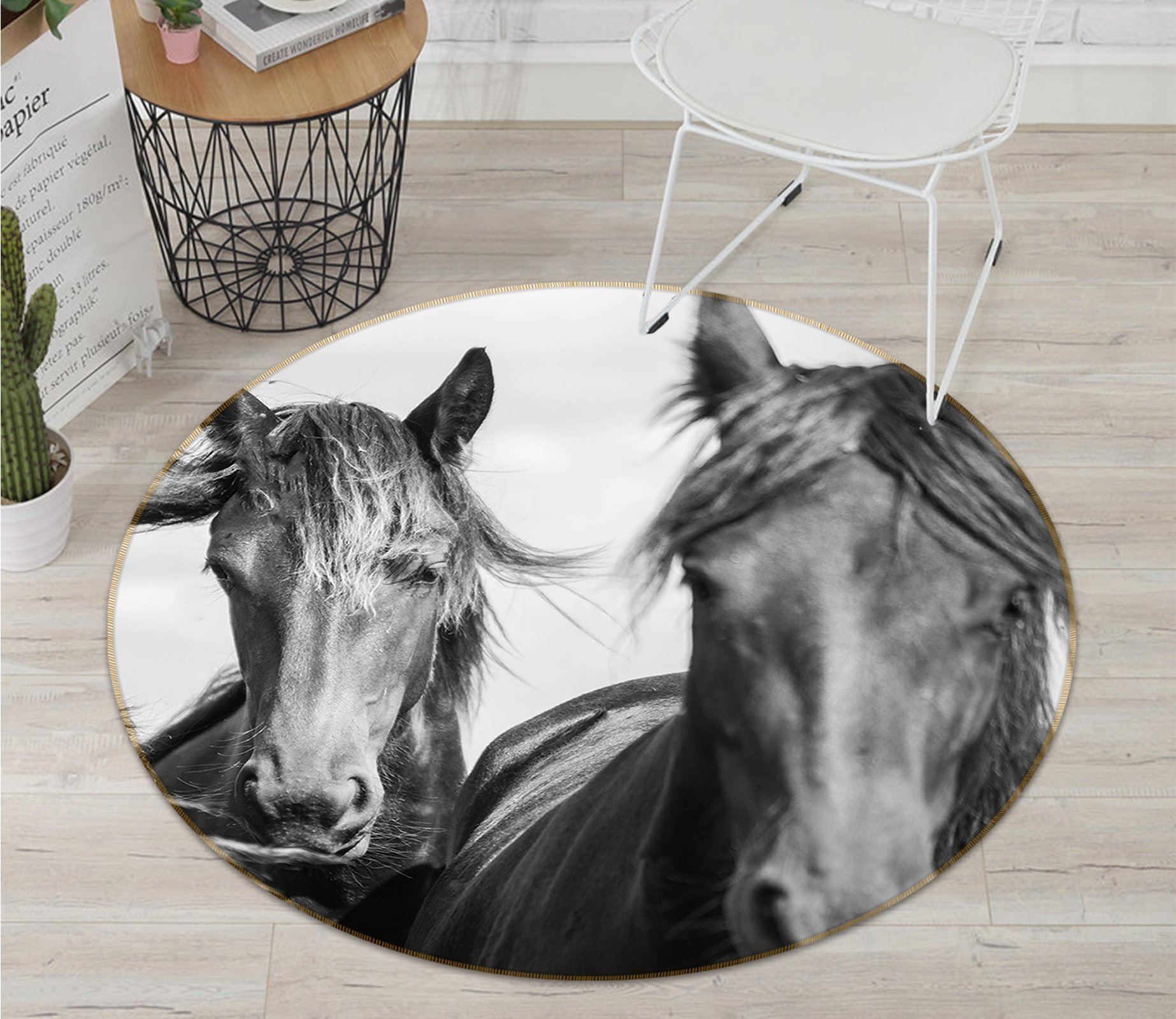 3D Black And White Horse Round Rug – Round Carpet Home Decor