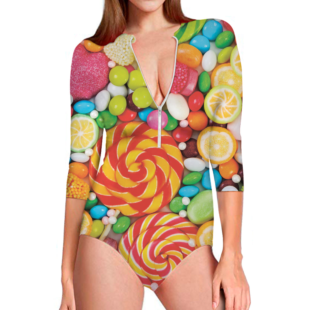 Colorful Lollipop And Candy Print Long Sleeve One Piece Swimsuit