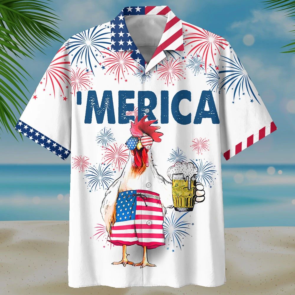 Beer Hawaiian Shirt Glasses Chicken Drinks Beer Merica Fireworks White Hawaii Aloha Shirt