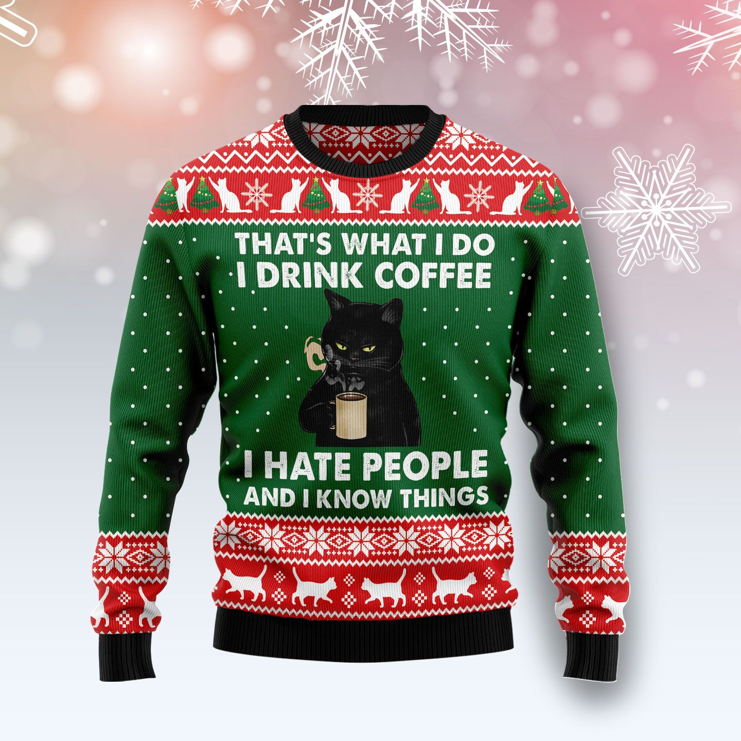 Black Cat Drink Coffee Ugly Christmas Sweater | For Men & Women | Adult | Us5169