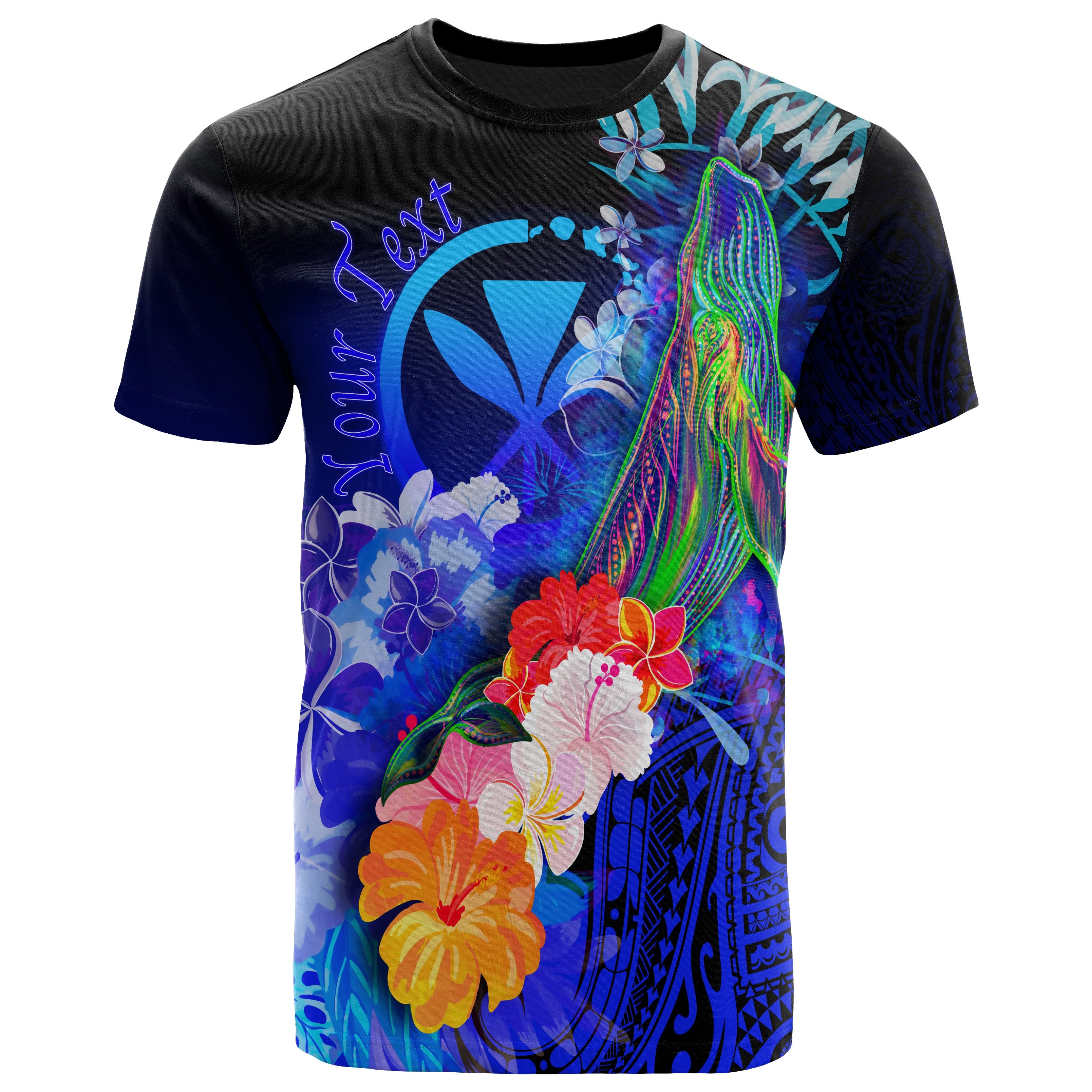 Polynesian Hawaii Custom Personalised T-Shirts – Kanaka Maoli  Humpback Whale With Tropical Flowers (Blue)