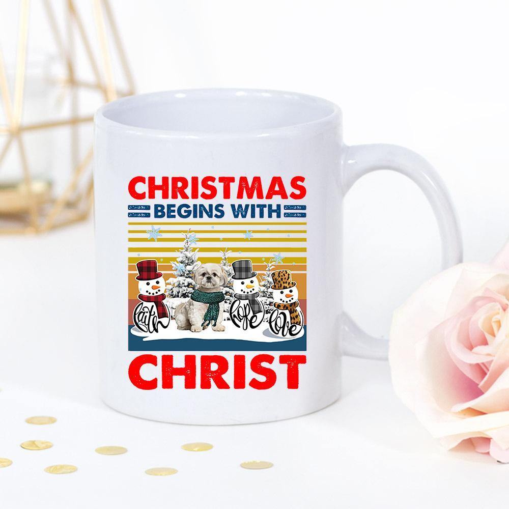 Cute Shih Tzu Christmas Begins With Christ Leopard Plaid Hat Winter Season Retro Vintage Sunset Dog Lover Winter Season White Mug