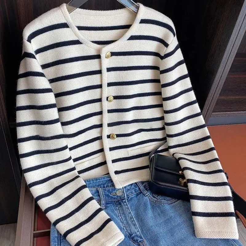 Women Stripes Knit Cardigan Spring Long Sleeve Single Breasted Short Coat Ladies Grace O-neck Apricot Knitted Sweater S-XL alx