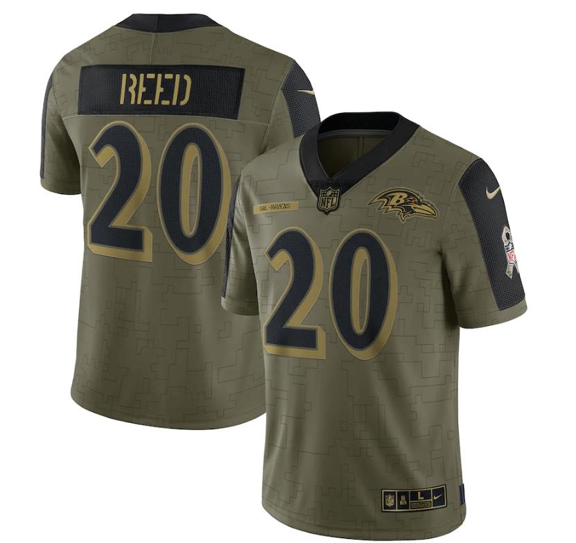 Baltimore Ravens Branded Reed 20 NFL Olive 2021 Salute To Service Retired Player Men Jersey For Ravens Fans