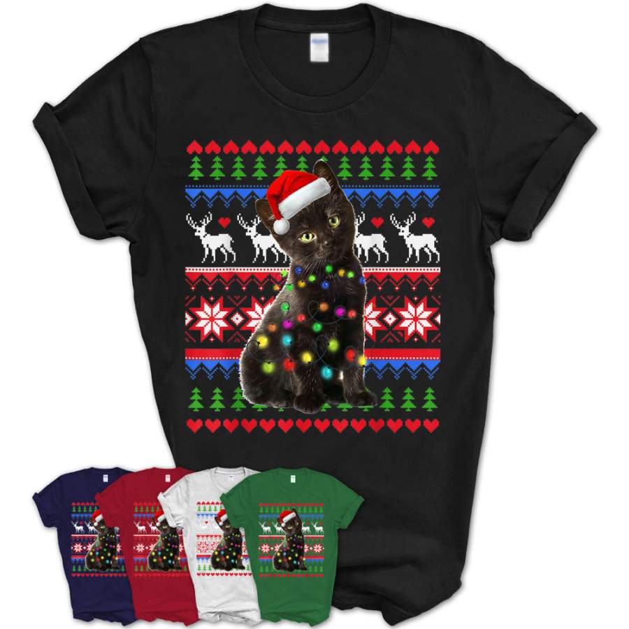 Santa Black Cat Christmas Light Ugly Christmas Sweater T-Shirt – Teezou Store