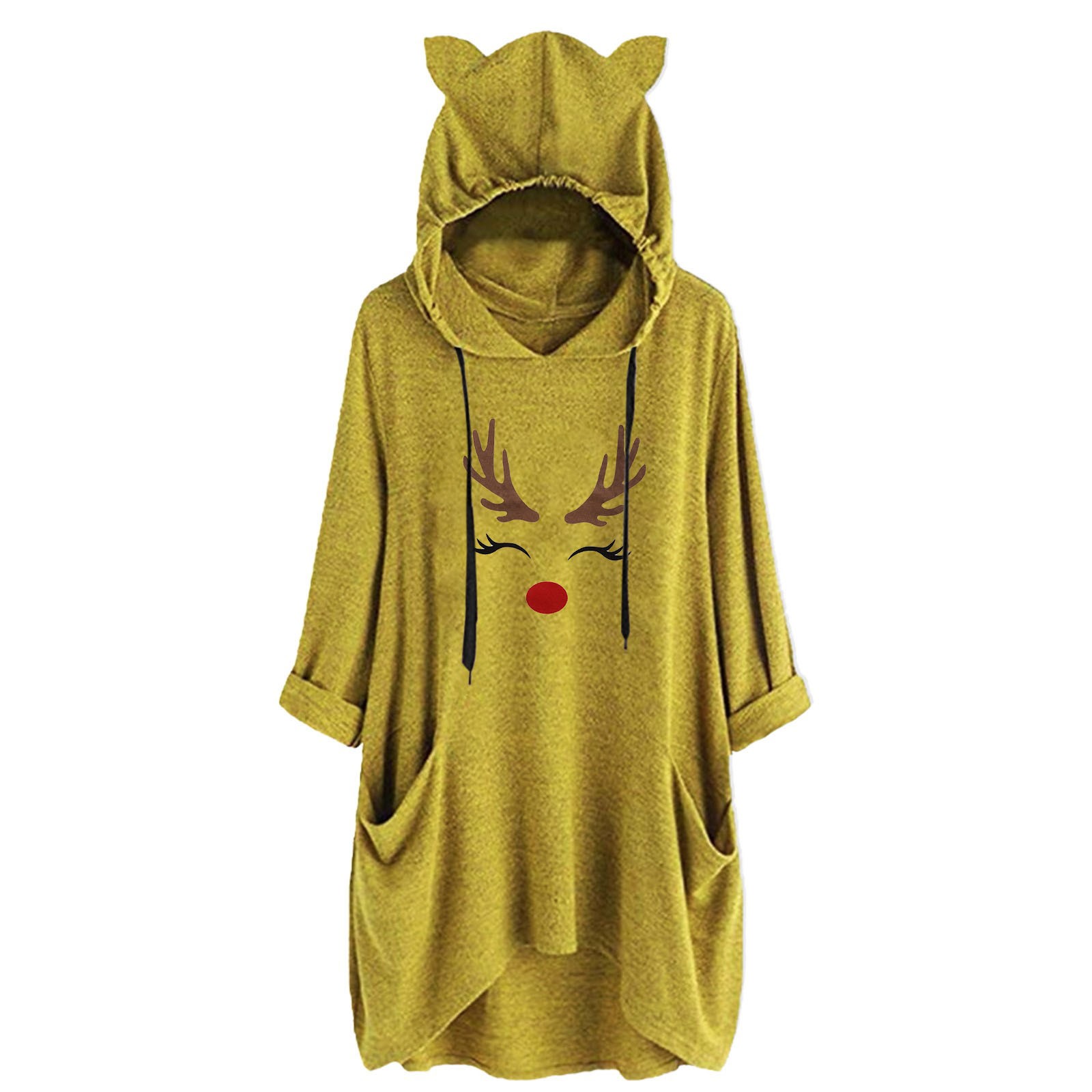 Women’s Christmas Ears Hat Top Long Sleeve Cute Print Hooded Loose Two Pockets Casual Sweatshirt Womens Athletic Sweatshirts alx