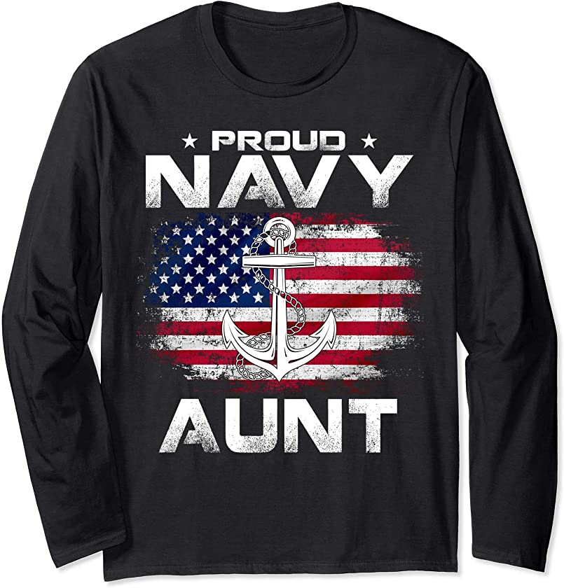 Vintage Proud Navy Aunt With American Flag Gift Veteran Long Sleeve T-Shirt