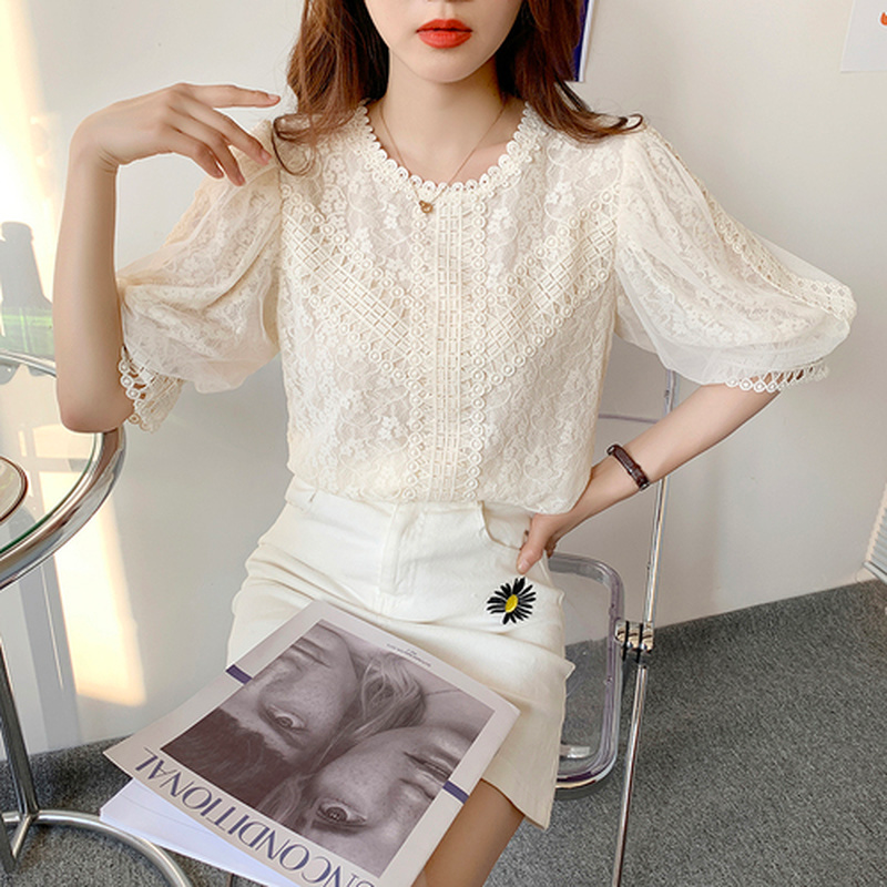 Summer Fashion Elegant Sweet Crochet Lace Hollow Floral Tops Lace Chiffon Women Shirt New O Neck Short Sleeve Loose Blouse 15266 alx