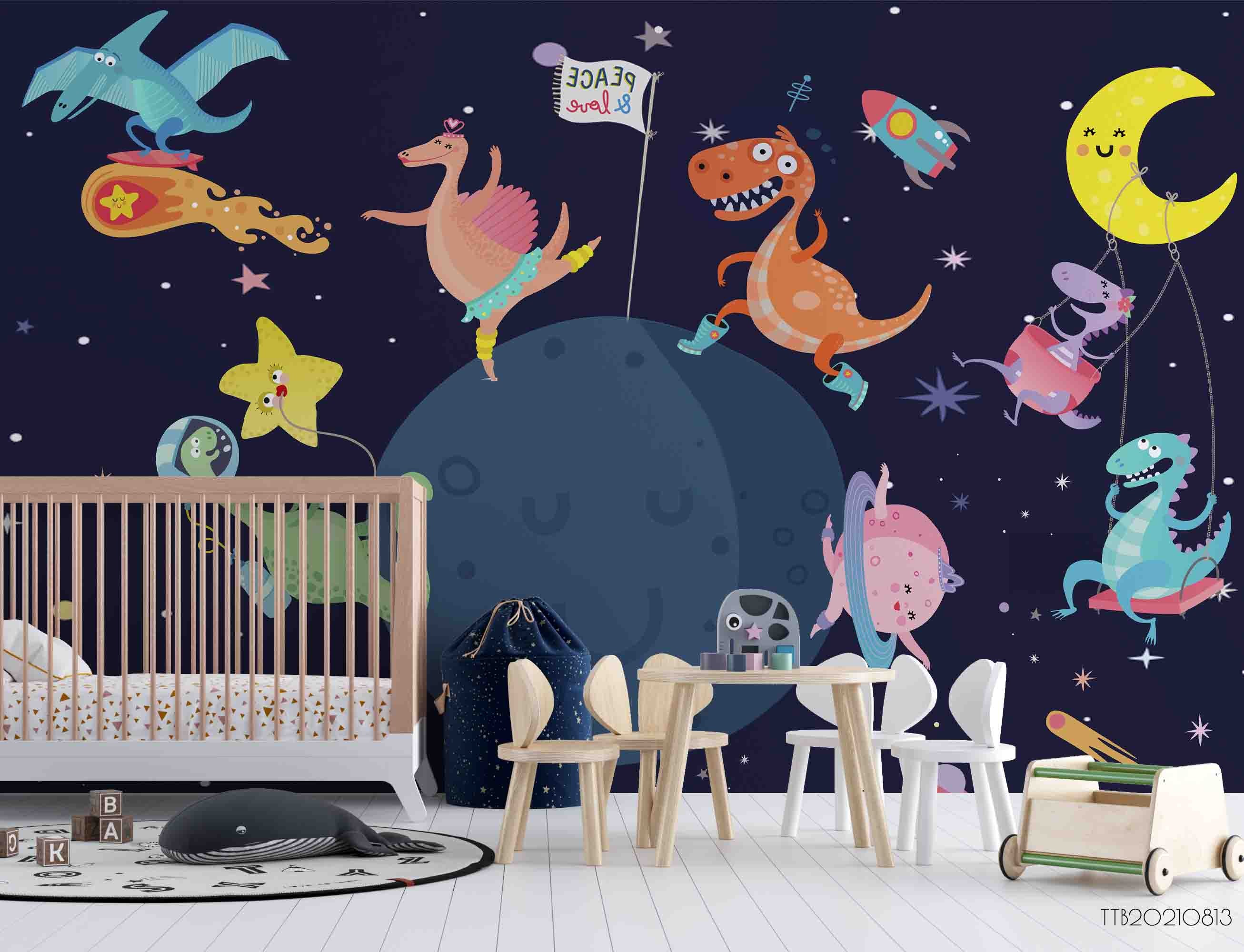 3D Hand-Painted Cartoon Dinosaur Space Wall Mural Wallpapersww5109