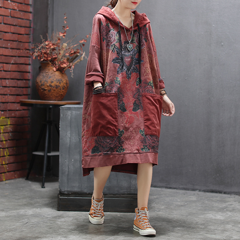 Autumn Winter Dress Retro Women Loose Casual Dress 2022 New Ladies Hooded Drawstring Print pocket All-match Dress alx