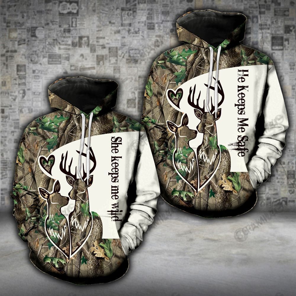 2 Deers Wild Safe Forest Couple Hoodies