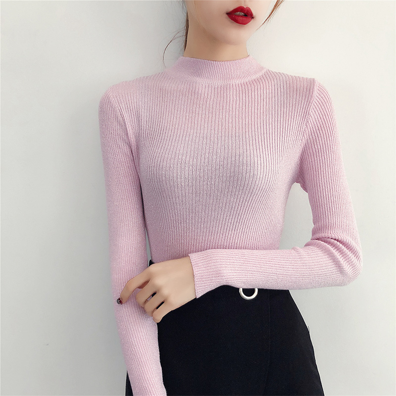 2022 Spring Winter Long Sleeve Sweater Women Shiny Pullover Women Basic Sweater Femme Turtleneck Korean Style Knit Tops 5042 alx