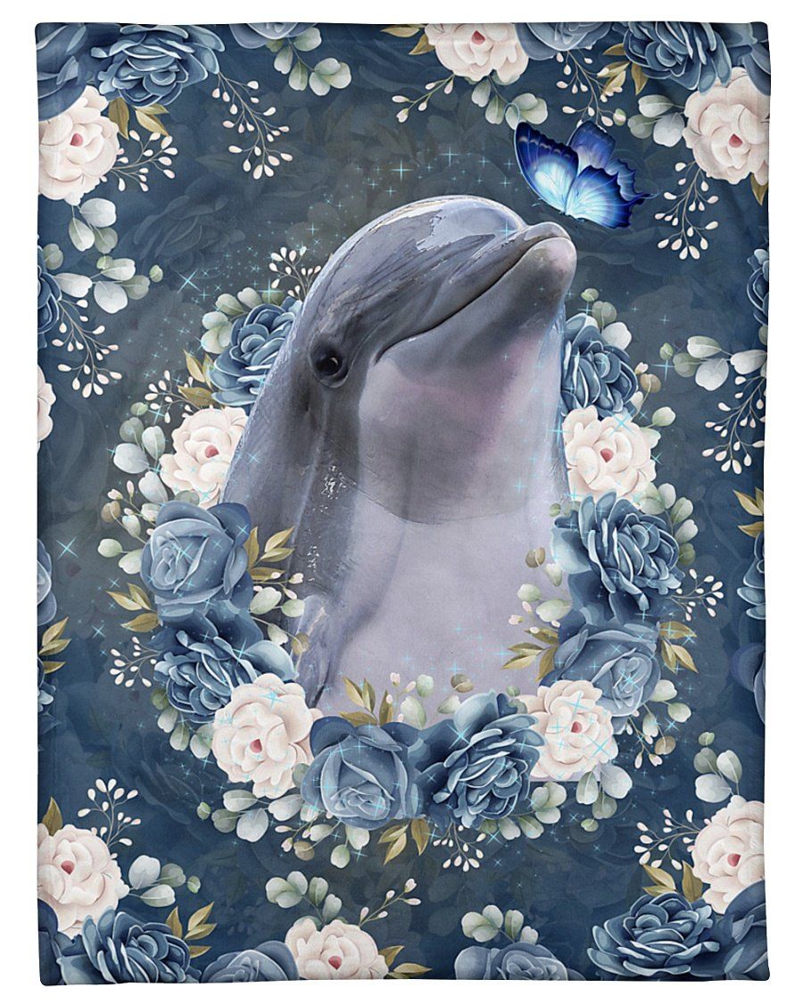 Funny Dolphin Playing With Butterfly All Over Flowers Fleece Blanket, Sherpa Blanket, Gift For Family Member, Friends Gift, Christmas Gift, Home Decor, Home Living