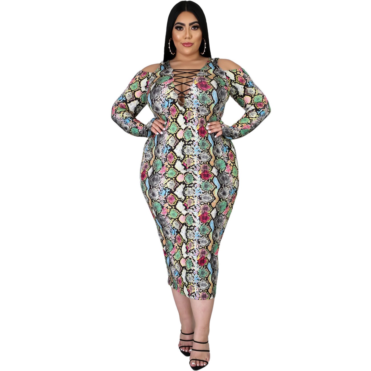 2XL-5XL Wholesale Dropshipping 2021 Plus Size Women Clothting Fashion Strapless Snake Printing Long Sleeve Female Dress alx