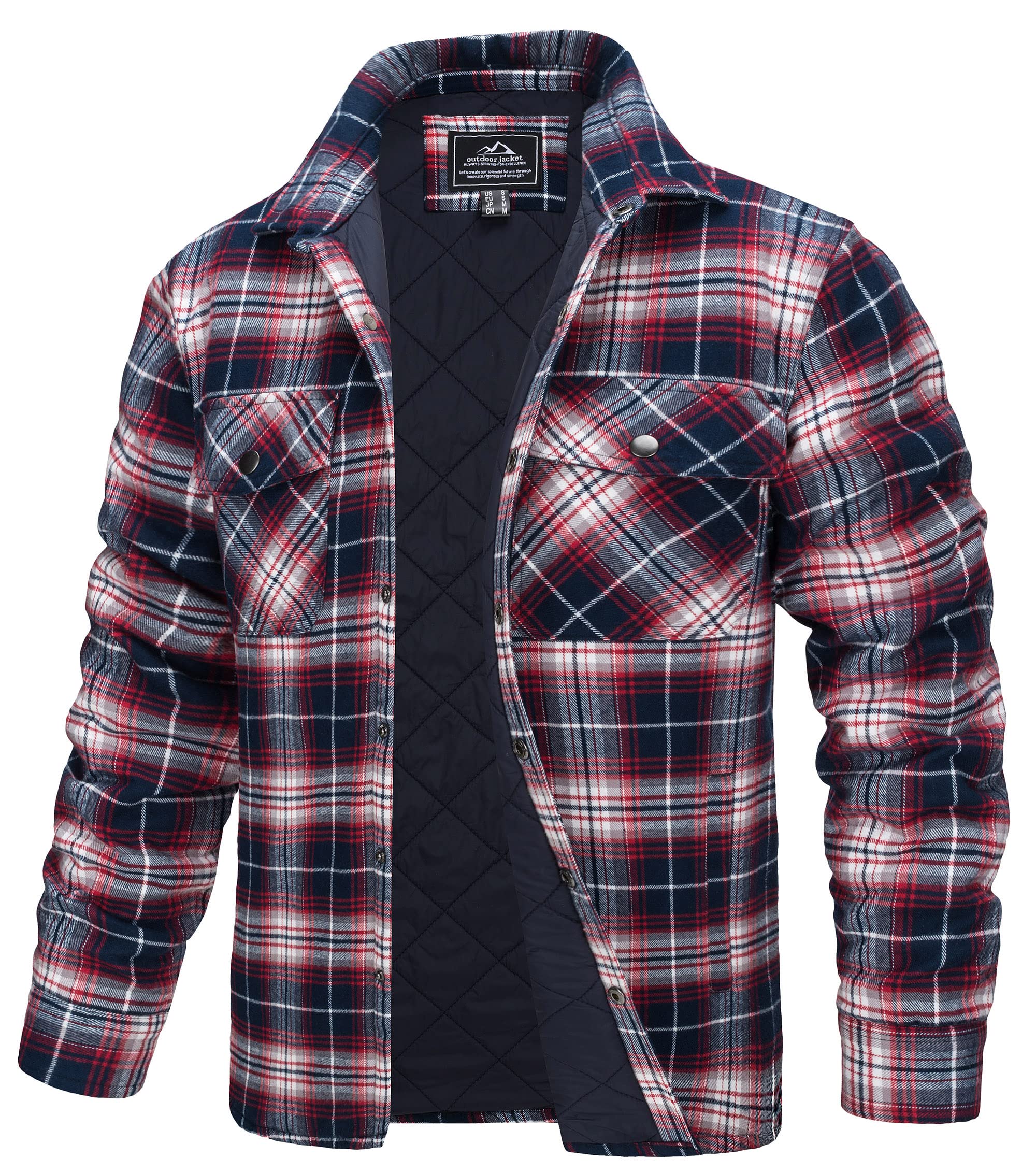 TACVASEN Winter Plaid Cotton Jackets Mens Long Sleeve Quilted Lined Flannel Shirt Jacket Multi-Pockets Outwear Hiking Coats Tops alx