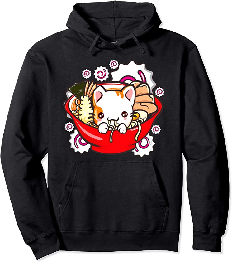 Cute Kawaii Cat Ramen Bowl Japanese Anime Kitten Pullover Hoodie