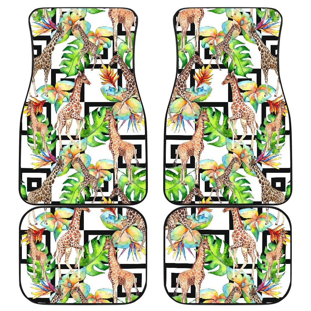 Exotic Tropical Giraffe Pattern Print Front And Back Car Floor Mats, Front Car Mat