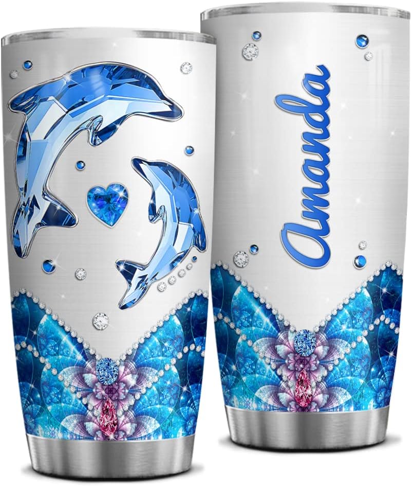 Dolphin Tumbler, Personalized Dolphin Gifts For Women Girls Jewelry Drawing Style Stainless Steel Tumblers, Custom Name Coffee Travel Mug 20Oz