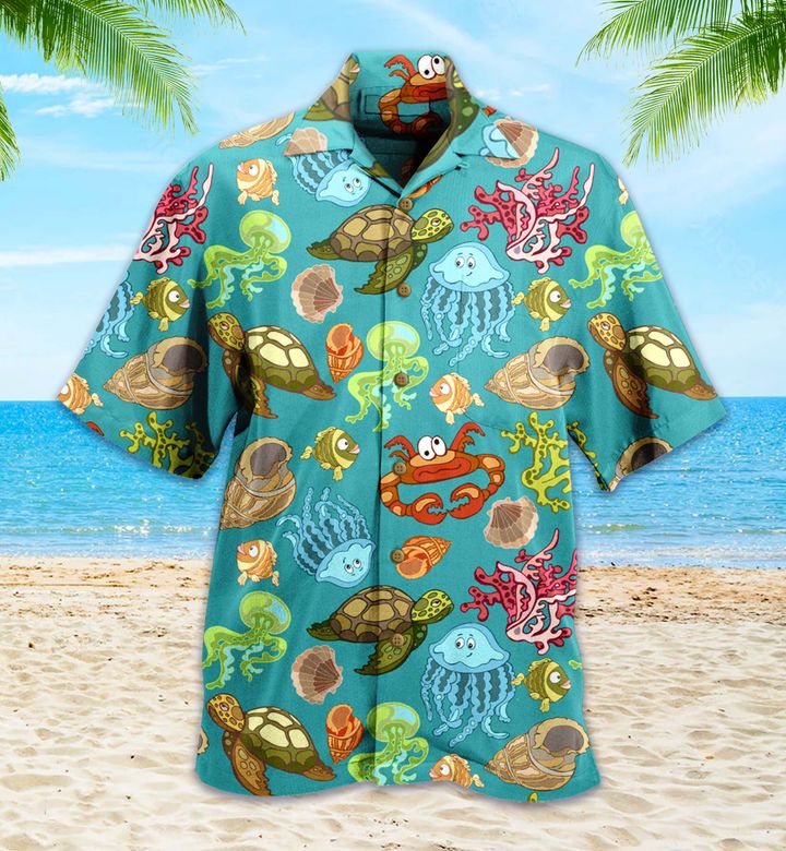 Crab Turtle Corals Jellyfish Contour Colorful Hawaii Shirt Ha60160