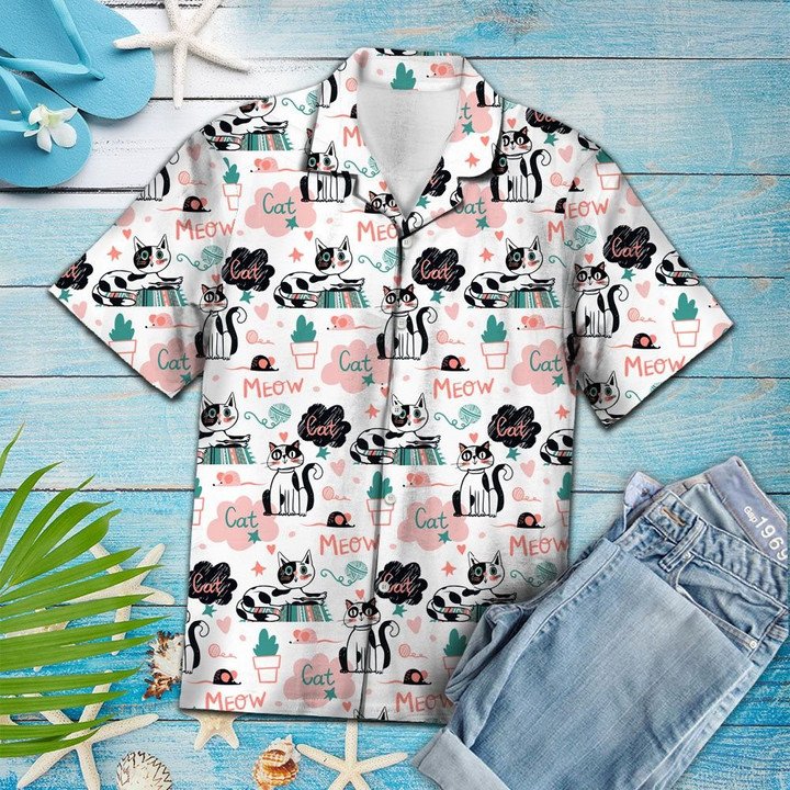 Cute Cat Say Meow Activities Of A Day Pattern Hawaii Shirt Ha65029