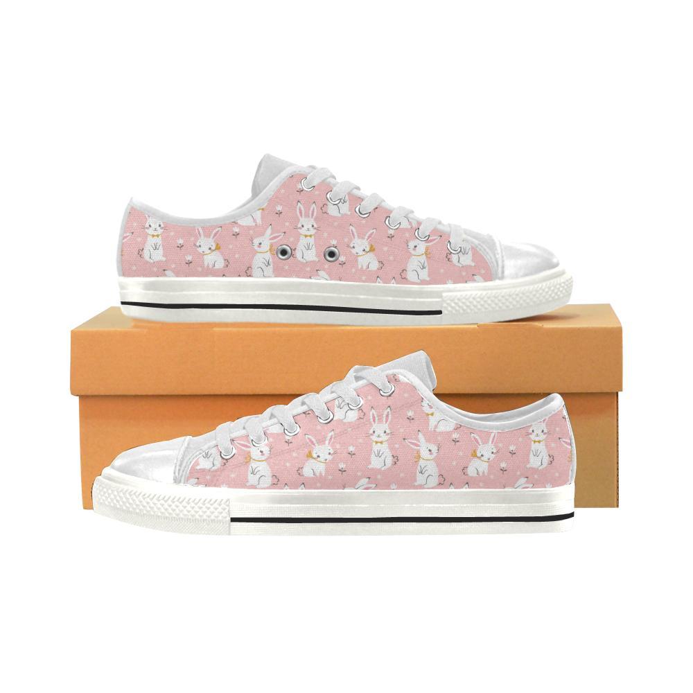 Cute White Rabbit Flower Pink Background Kid’S Low Top Canvas Shoes White