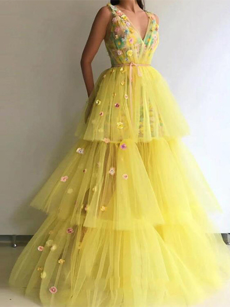 3D Flowers Yellow Prom Dresses Long Double V Neck Sleeveless Tiered Formal Evening Party Gown A-line Beach Princess Dress alx