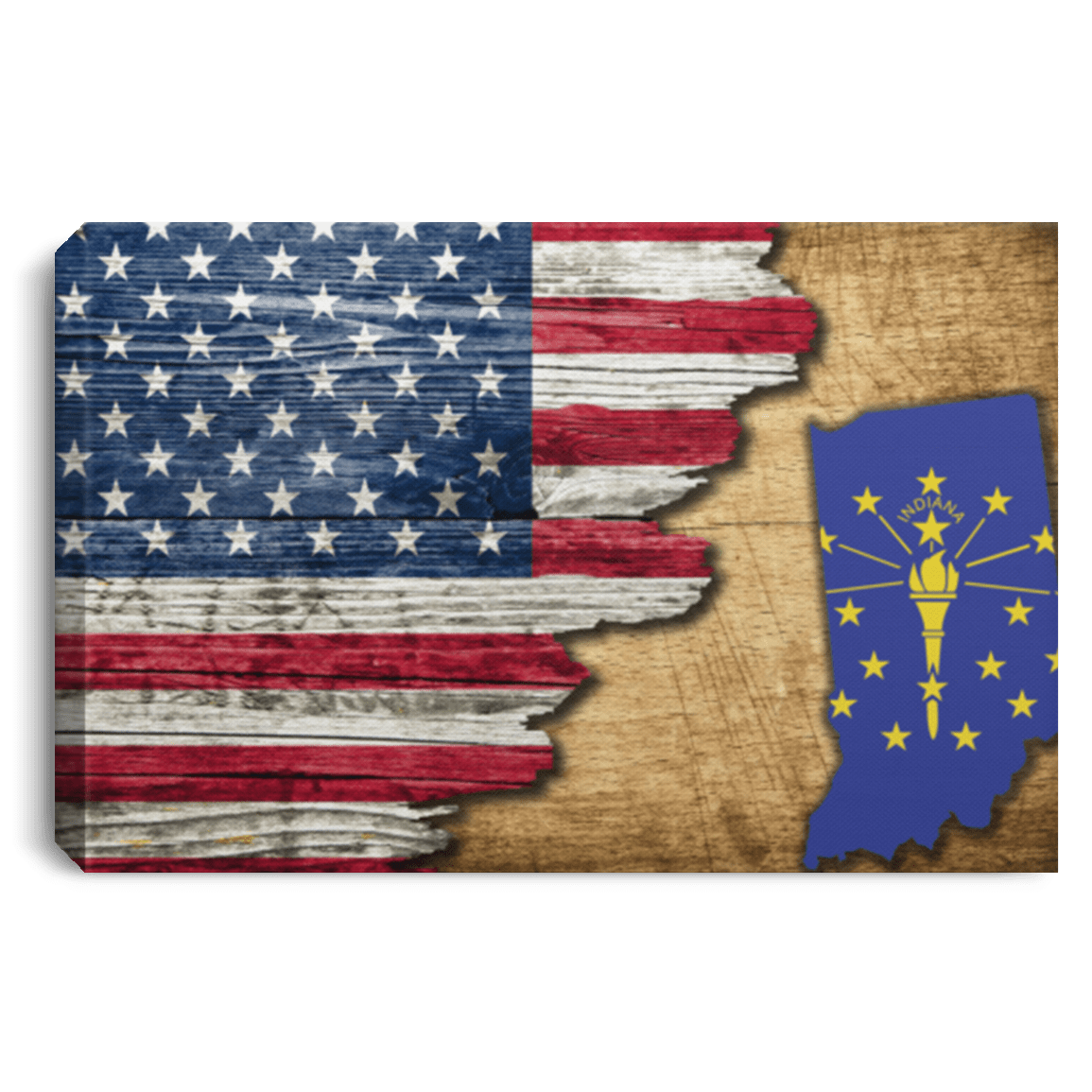 United States/Indiana Flag Ripped Effect 24X16 Inches  Landscape Canvas .75In Frame