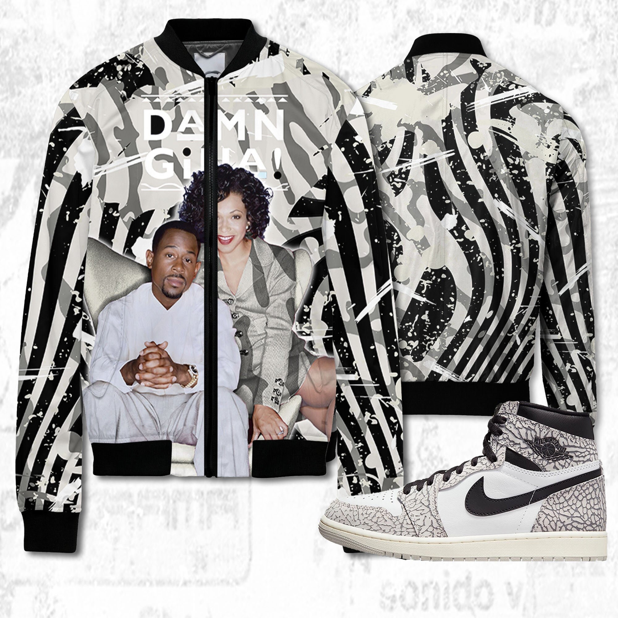 Damn Gina 3D Humor 90s Unisex jacket match Jordan 1 Elephant Print White Cement Jordan Jordan MatchBomber