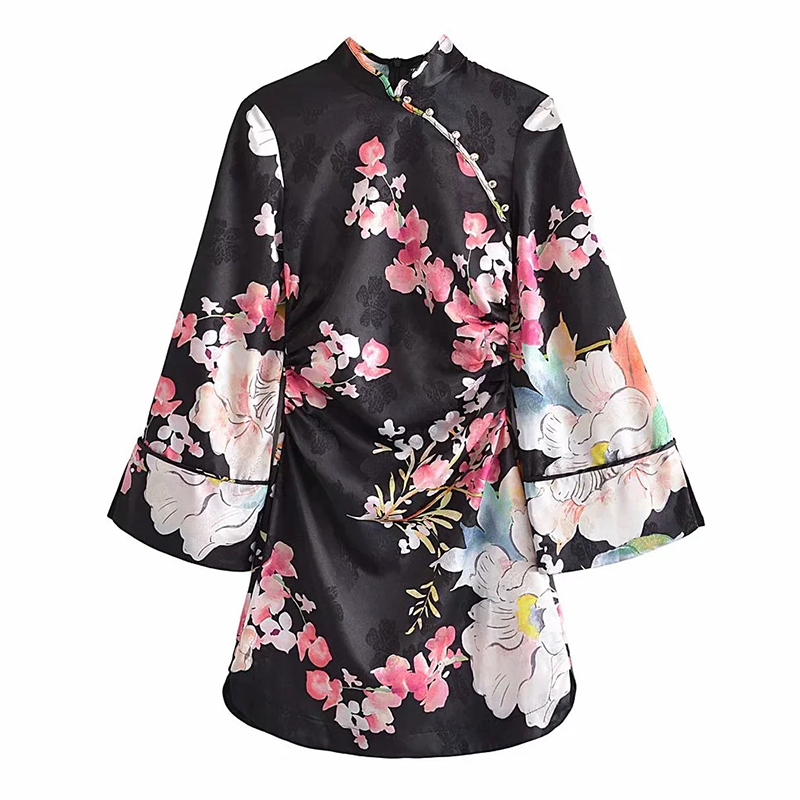 Women Chinese Traditional Floral Printed Qipao Button Up Long Sleeve Mini Dresses Female Elegant Party Dresses alx